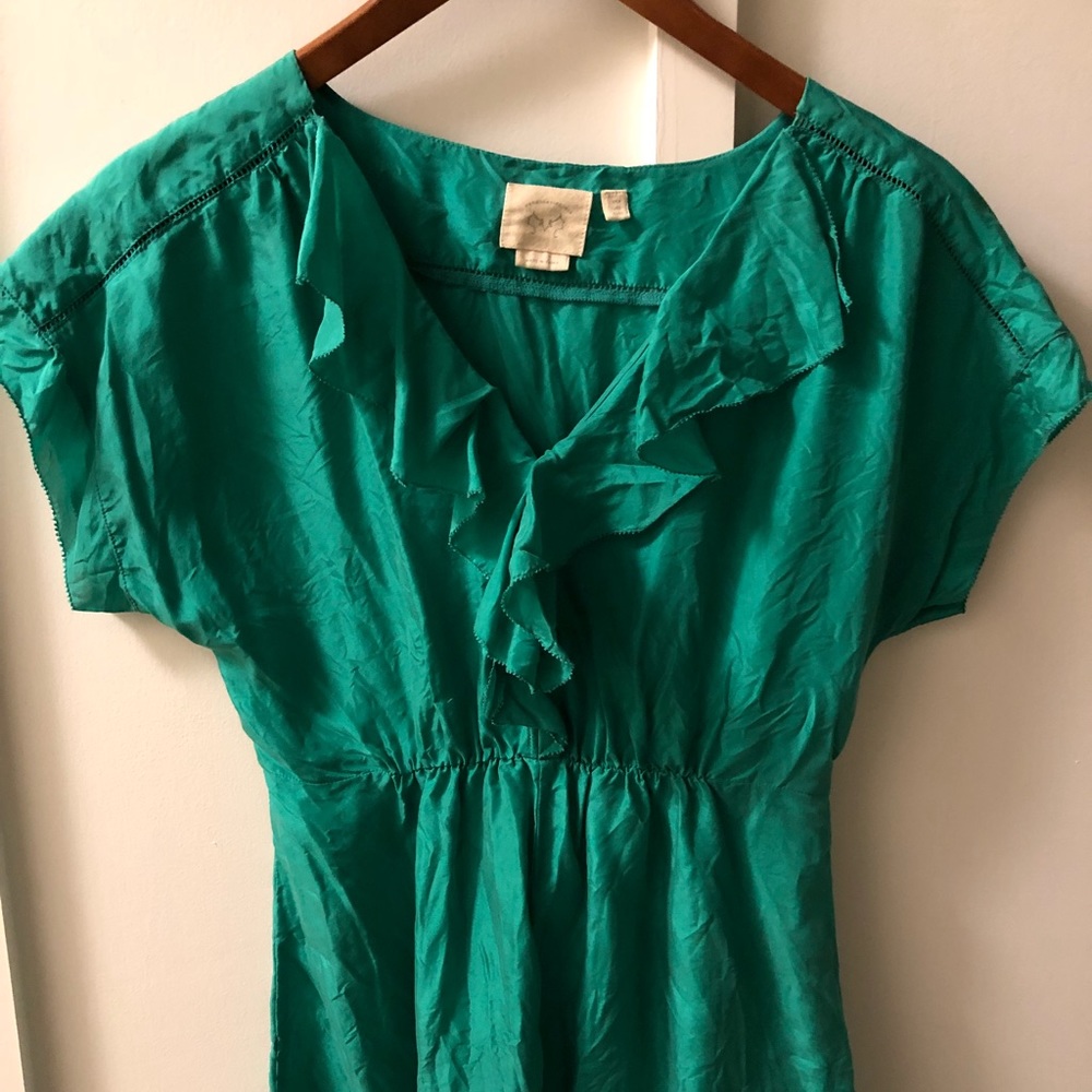 Green washed silk ruffle top